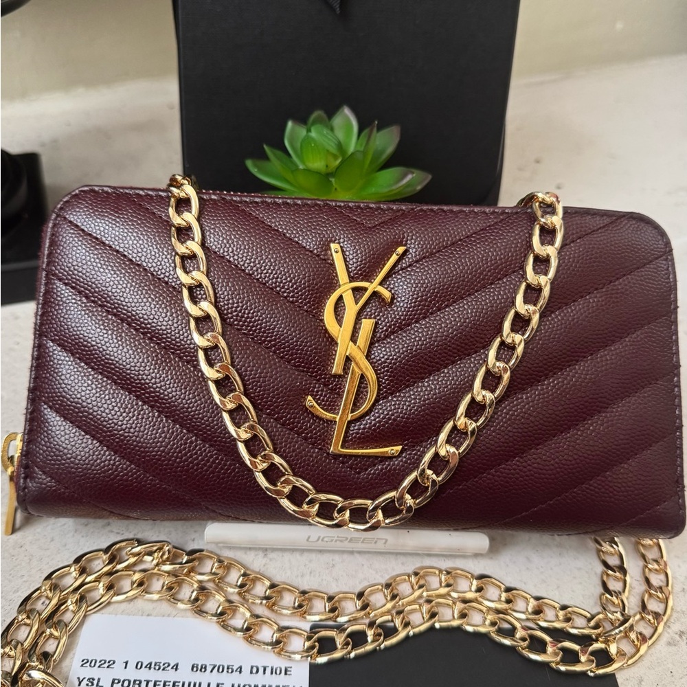 SOLD - 💎 Authentic Saint Laurent YSL Monogram Zip Around Wallet with Chain
